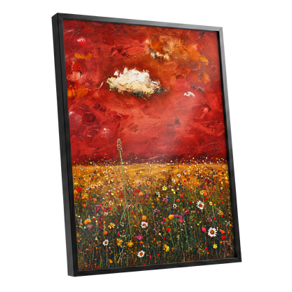Meadow Under Ember Skies, red, orange, yellow floral wall art shown as a black framed poster wall art print