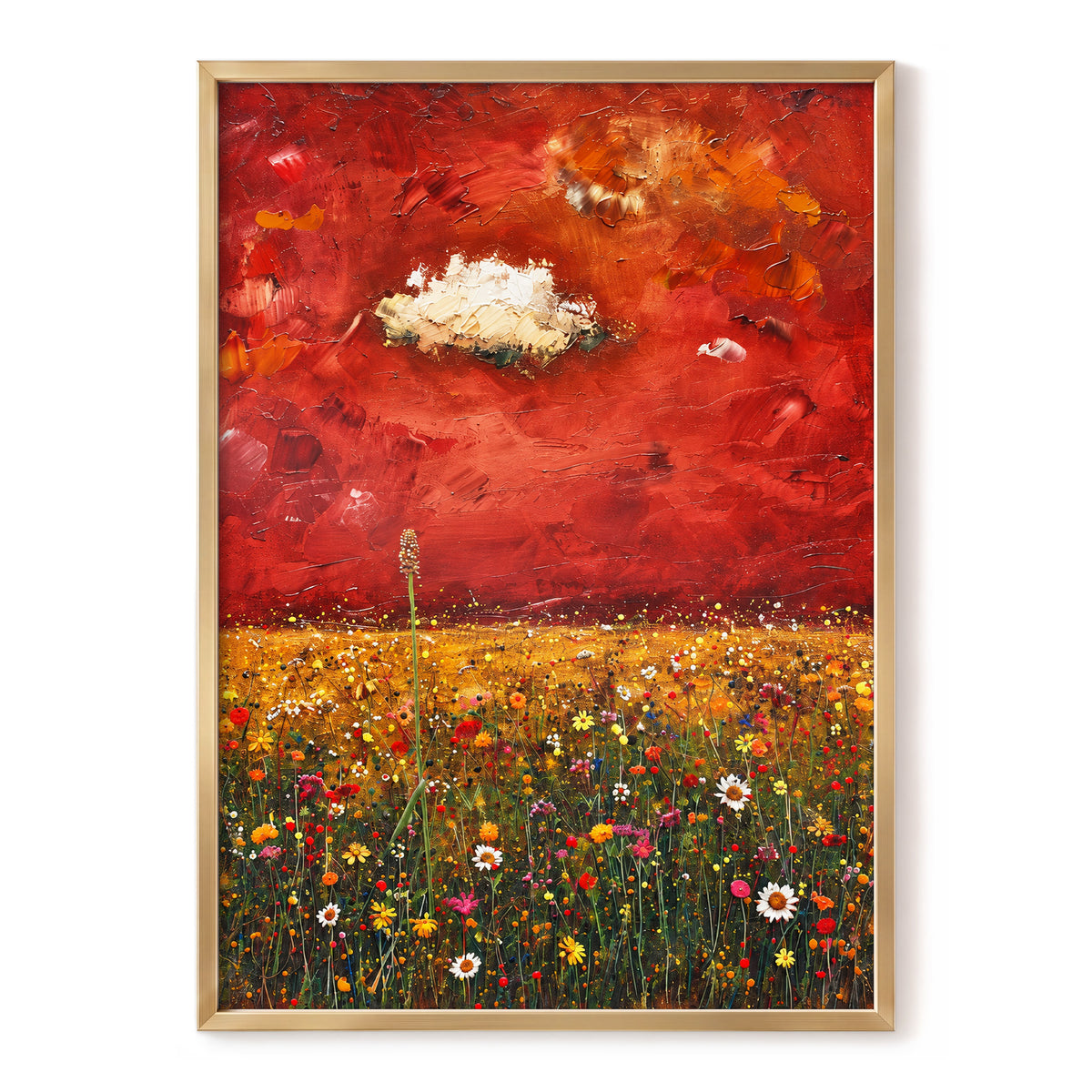 Meadow Under Ember Skies, red, orange, yellow floral wall art, front artwork view