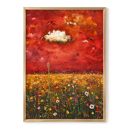 Meadow Under Ember Skies, red, orange, yellow floral wall art, front artwork view