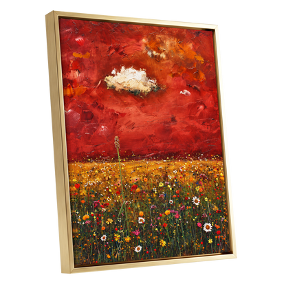 Meadow Under Ember Skies, red, orange, yellow floral wall art shown as a gold framed canvas wall art