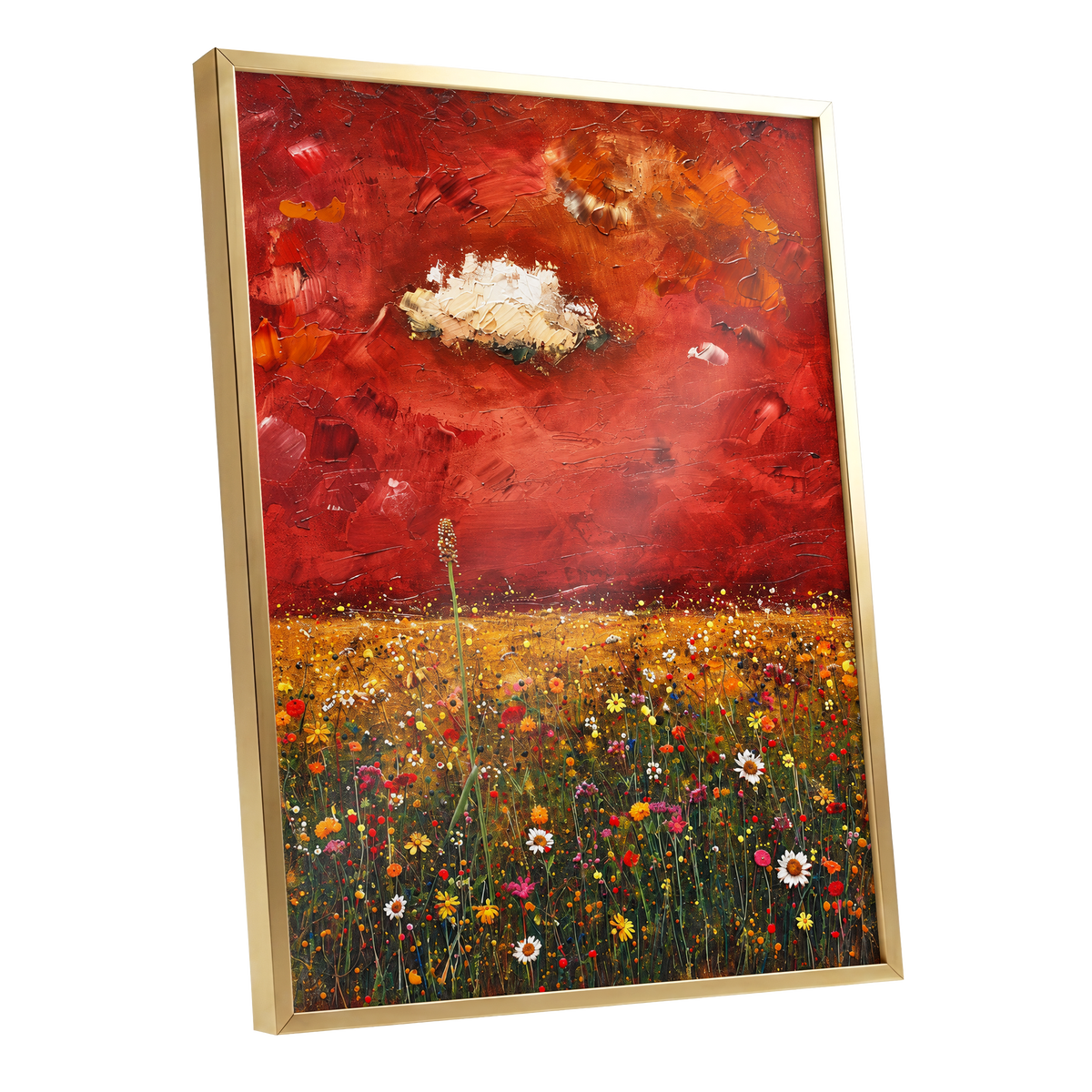 Meadow Under Ember Skies, red, orange, yellow floral wall art shown as a gold framed poster wall art print