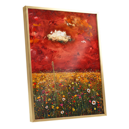 Meadow Under Ember Skies, red, orange, yellow floral wall art shown as a gold framed poster wall art print