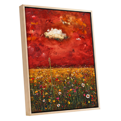 Meadow Under Ember Skies, red, orange, yellow floral wall art shown as a oak framed canvas wall art