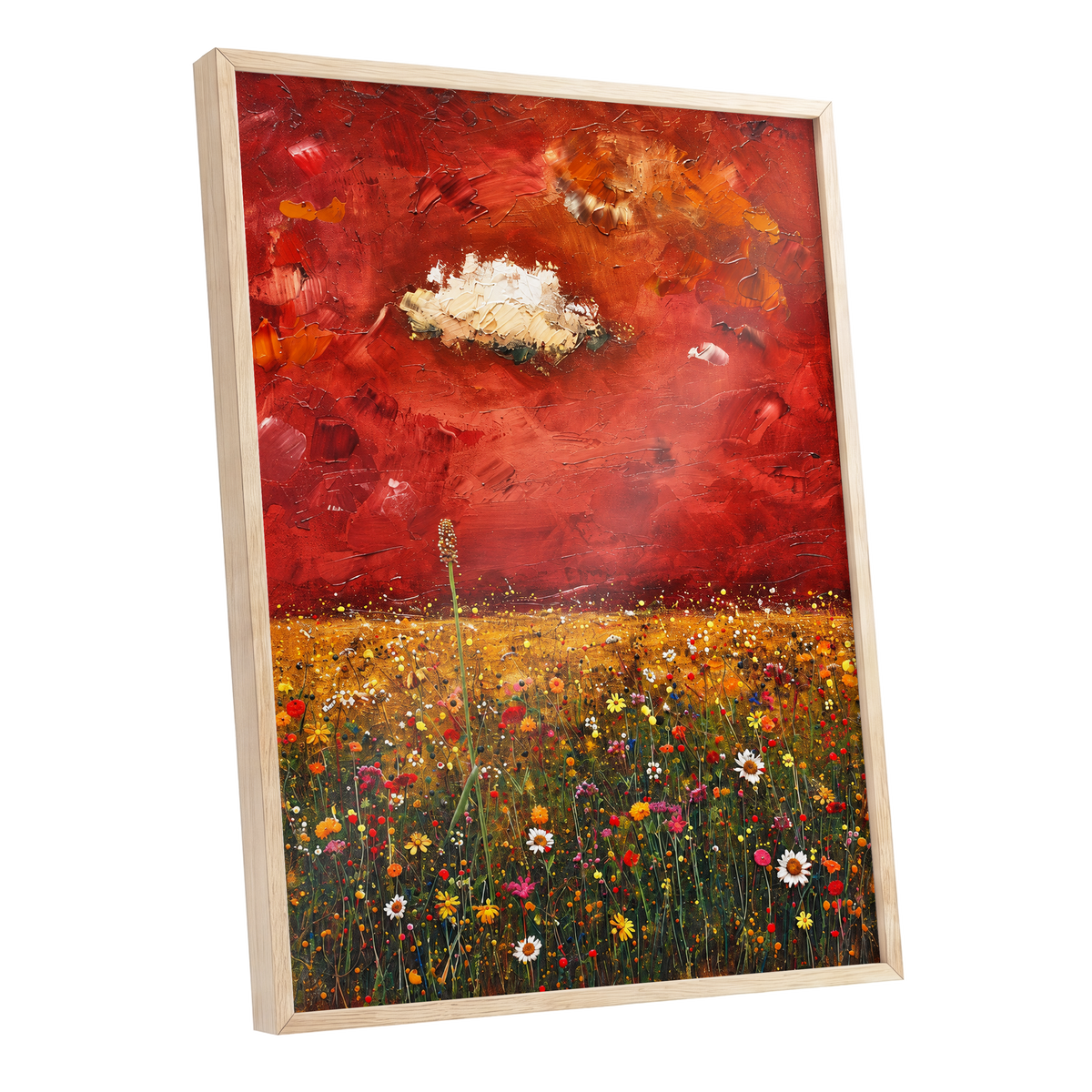 Meadow Under Ember Skies, red, orange, yellow floral wall art shown as a oak framed poster wall art print