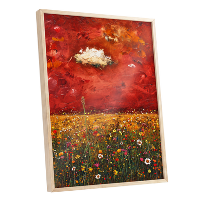Meadow Under Ember Skies, red, orange, yellow floral wall art shown as a oak framed poster wall art print