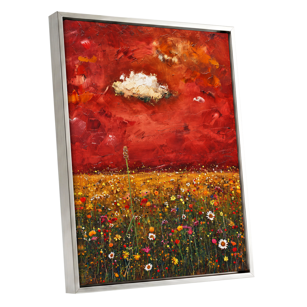Meadow Under Ember Skies, red, orange, yellow floral wall art shown as a silver framed canvas wall art