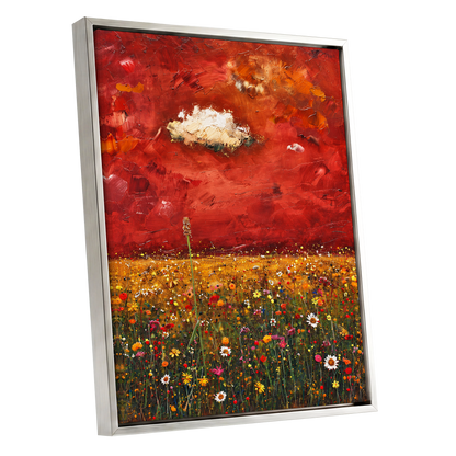 Meadow Under Ember Skies, red, orange, yellow floral wall art shown as a silver framed canvas wall art