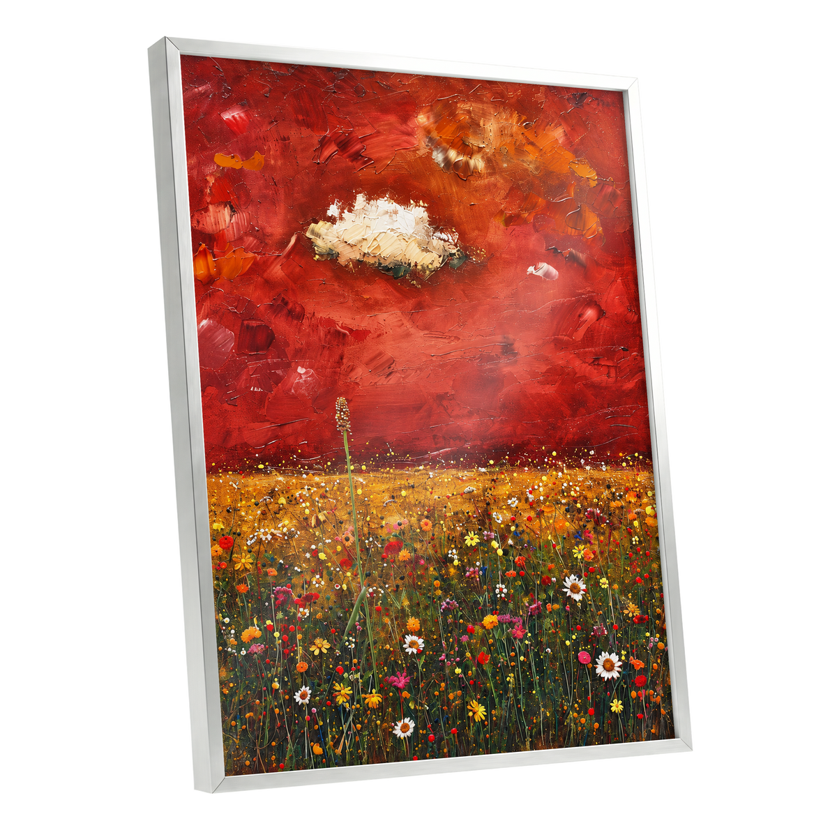 Meadow Under Ember Skies, red, orange, yellow floral wall art shown as a silver framed poster wall art print
