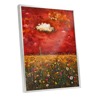 Meadow Under Ember Skies, red, orange, yellow floral wall art shown as a silver framed poster wall art print