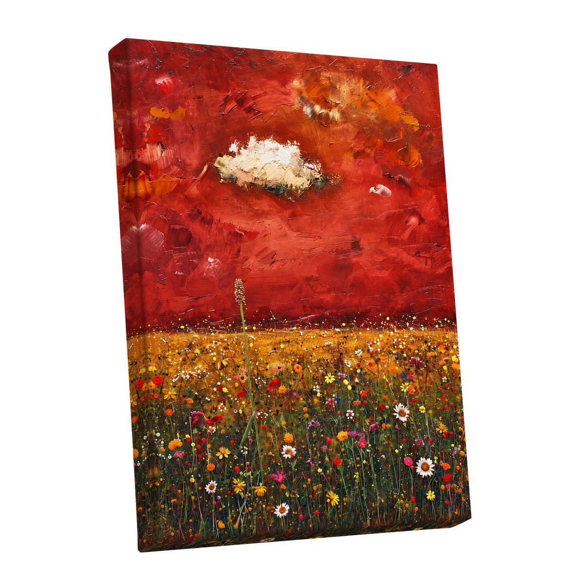 Meadow Under Ember Skies, red, orange, yellow floral wall art shown as a stretched canvas wall art