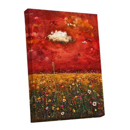 Meadow Under Ember Skies, red, orange, yellow floral wall art shown as a stretched canvas wall art