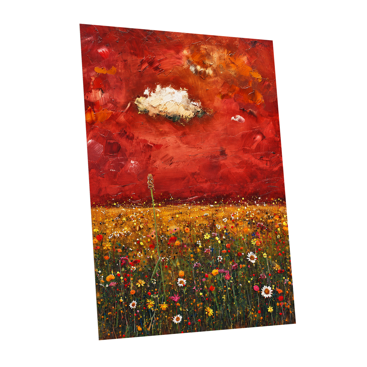 Meadow Under Ember Skies, red, orange, yellow floral wall art shown as a unframed poster wall art print