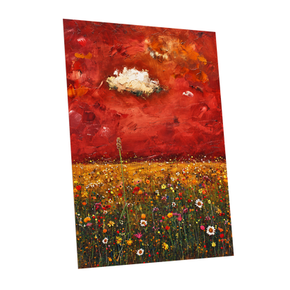 Meadow Under Ember Skies, red, orange, yellow floral wall art shown as a unframed poster wall art print
