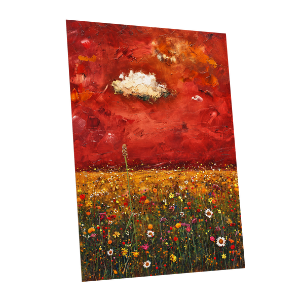 Meadow Under Ember Skies, red, orange, yellow floral wall art shown as a unframed poster wall art print