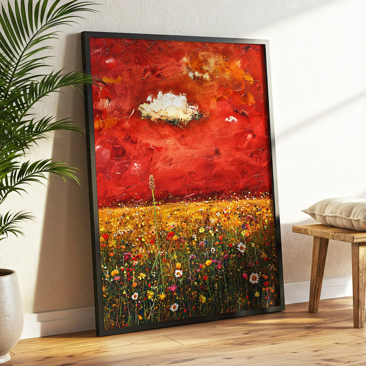 Meadow Under Ember Skies, red, orange, yellow floral wall art displayed in a styled interior, gallery view 2