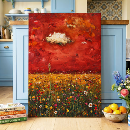 Meadow Under Ember Skies, red, orange, yellow floral wall art displayed in a styled interior, gallery view 3