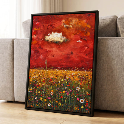 Meadow Under Ember Skies, red, orange, yellow floral wall art displayed in a styled interior, gallery view 4