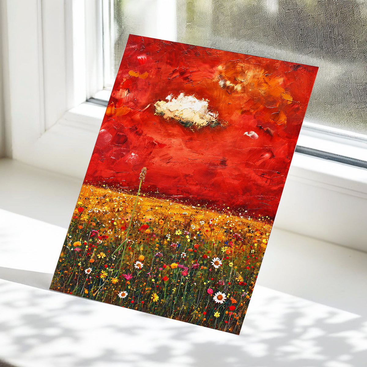 Meadow Under Ember Skies, red, orange, yellow floral wall art displayed in a styled interior, gallery view 5