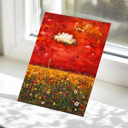 Meadow Under Ember Skies, red, orange, yellow floral wall art displayed in a styled interior, gallery view 5