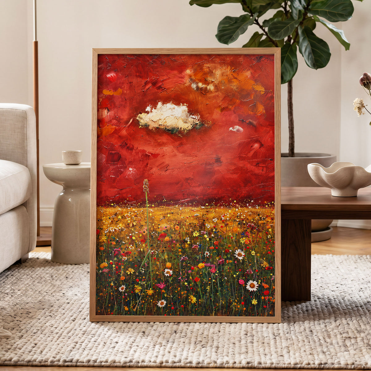 Meadow Under Ember Skies, red, orange, yellow floral wall art displayed in a styled interior, gallery view 6