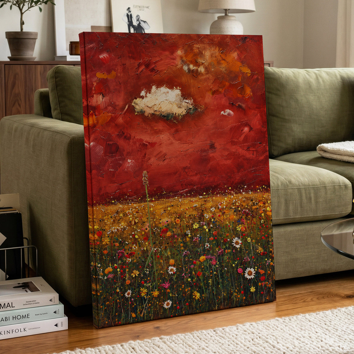 Meadow Under Ember Skies, red, orange, yellow floral wall art displayed in a styled interior, gallery view 7