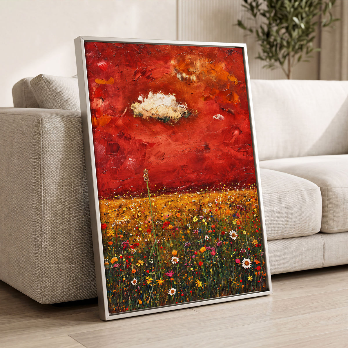Meadow Under Ember Skies, red, orange, yellow floral wall art displayed in a styled interior, gallery view 8