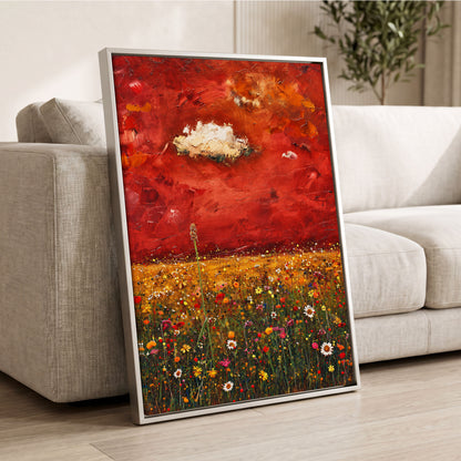 Meadow Under Ember Skies, red, orange, yellow floral wall art displayed in a styled interior, gallery view 8