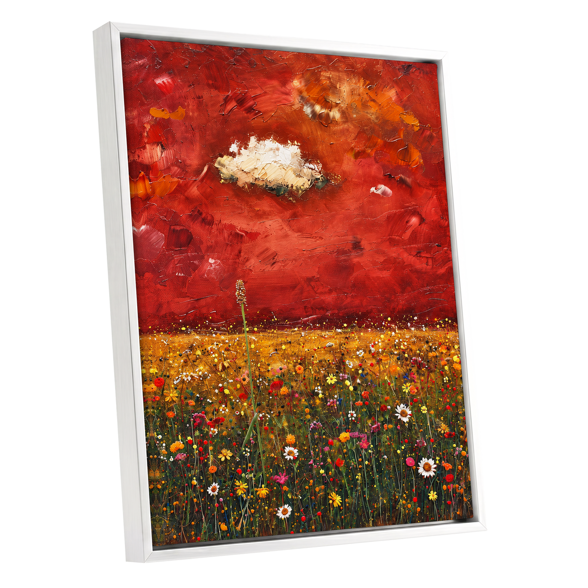 Meadow Under Ember Skies, red, orange, yellow floral wall art shown as a white framed canvas wall art