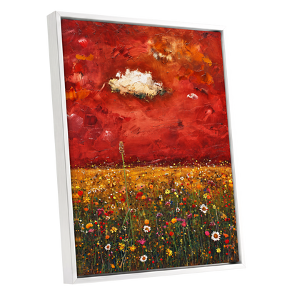 Meadow Under Ember Skies, red, orange, yellow floral wall art shown as a white framed canvas wall art
