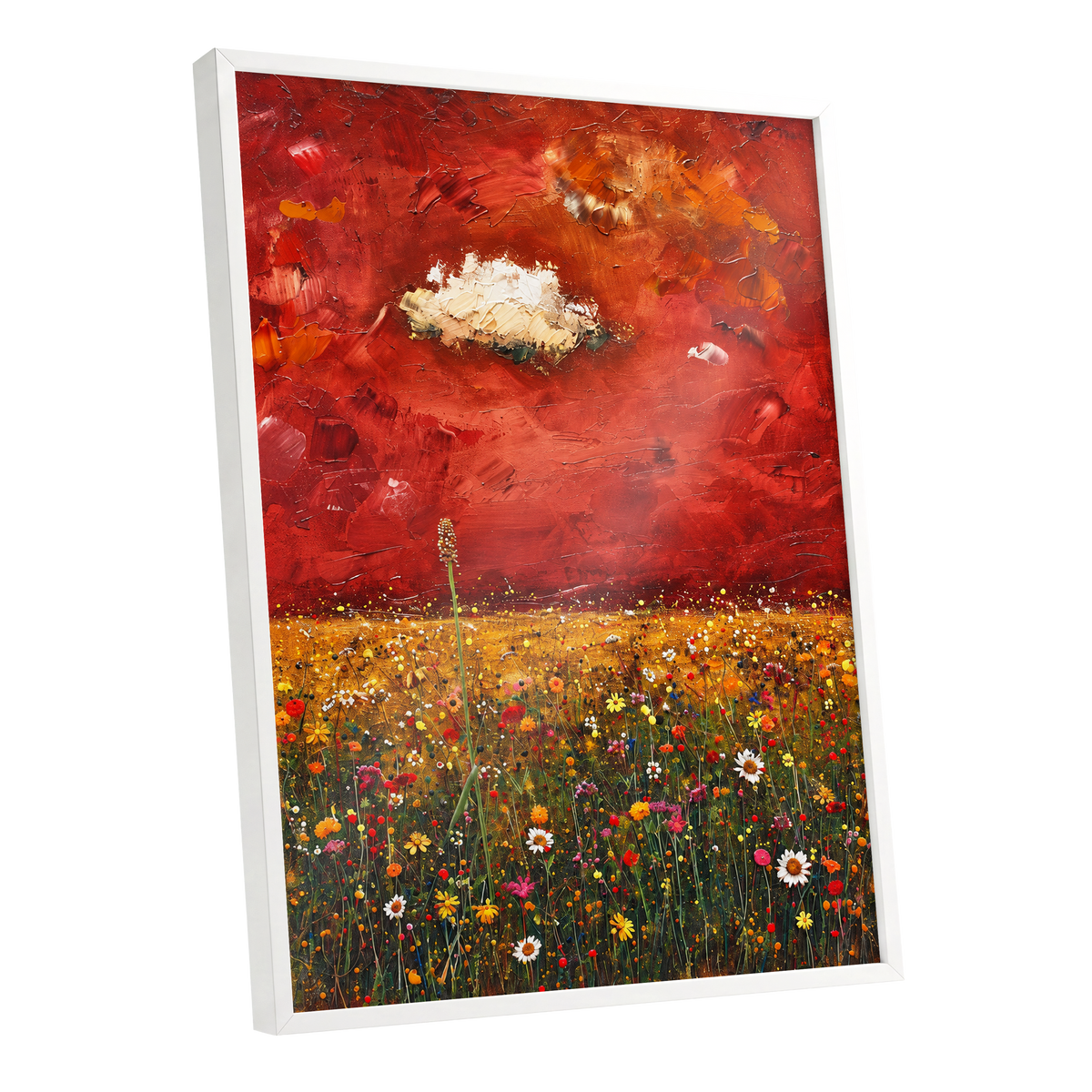 Meadow Under Ember Skies, red, orange, yellow floral wall art shown as a white framed poster wall art print