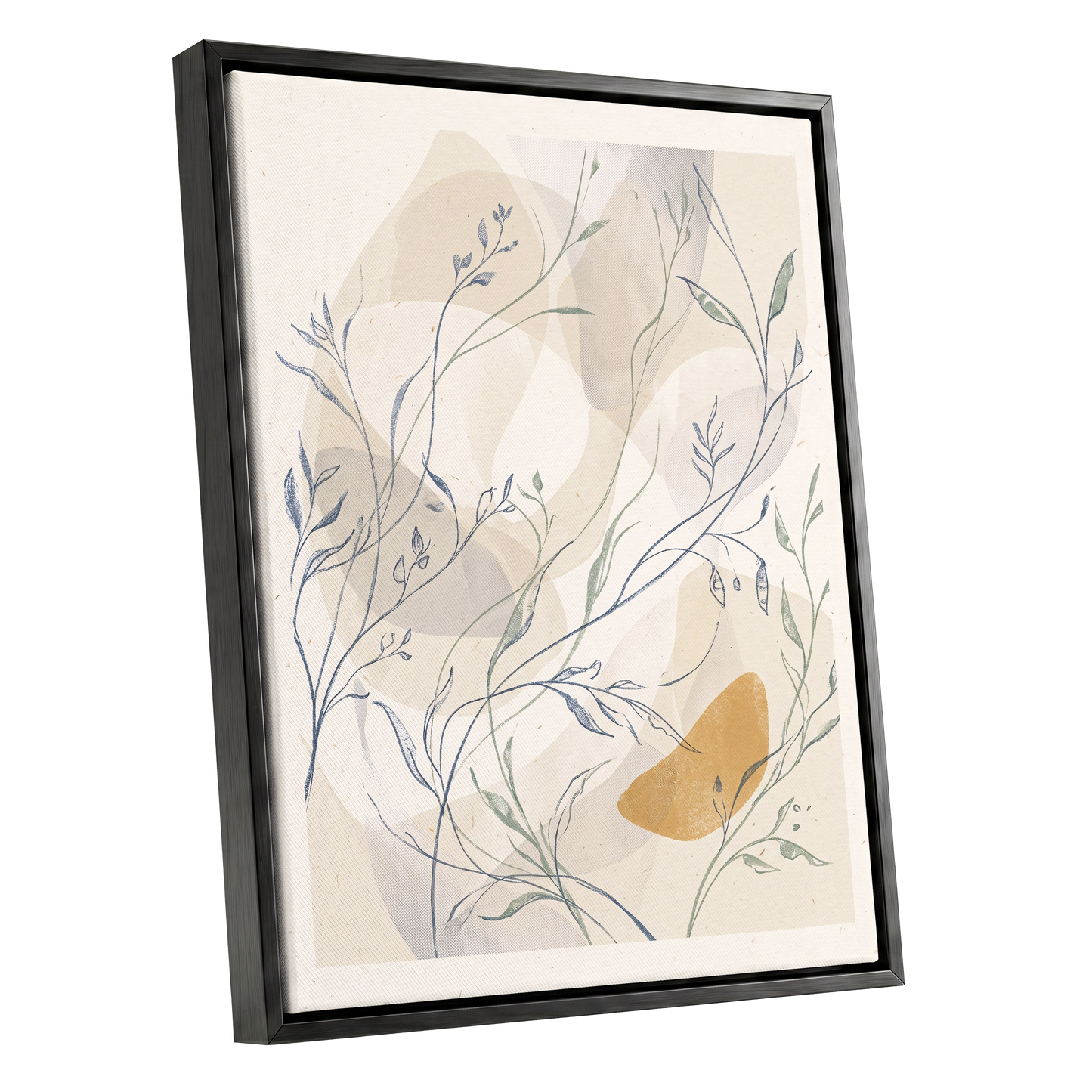 Meadow Veil, beige, blue, green nature wall art shown as a black framed canvas wall art