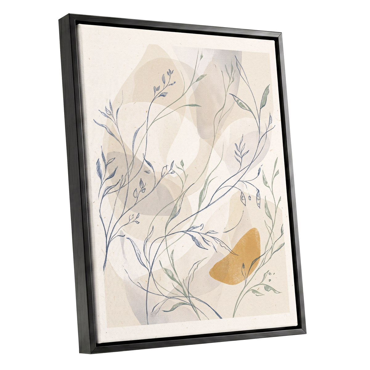 Meadow Veil, beige, blue, green nature wall art shown as a black framed canvas wall art