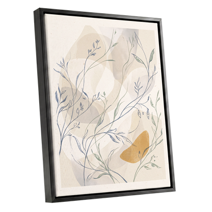 Meadow Veil, beige, blue, green nature wall art shown as a black framed canvas wall art
