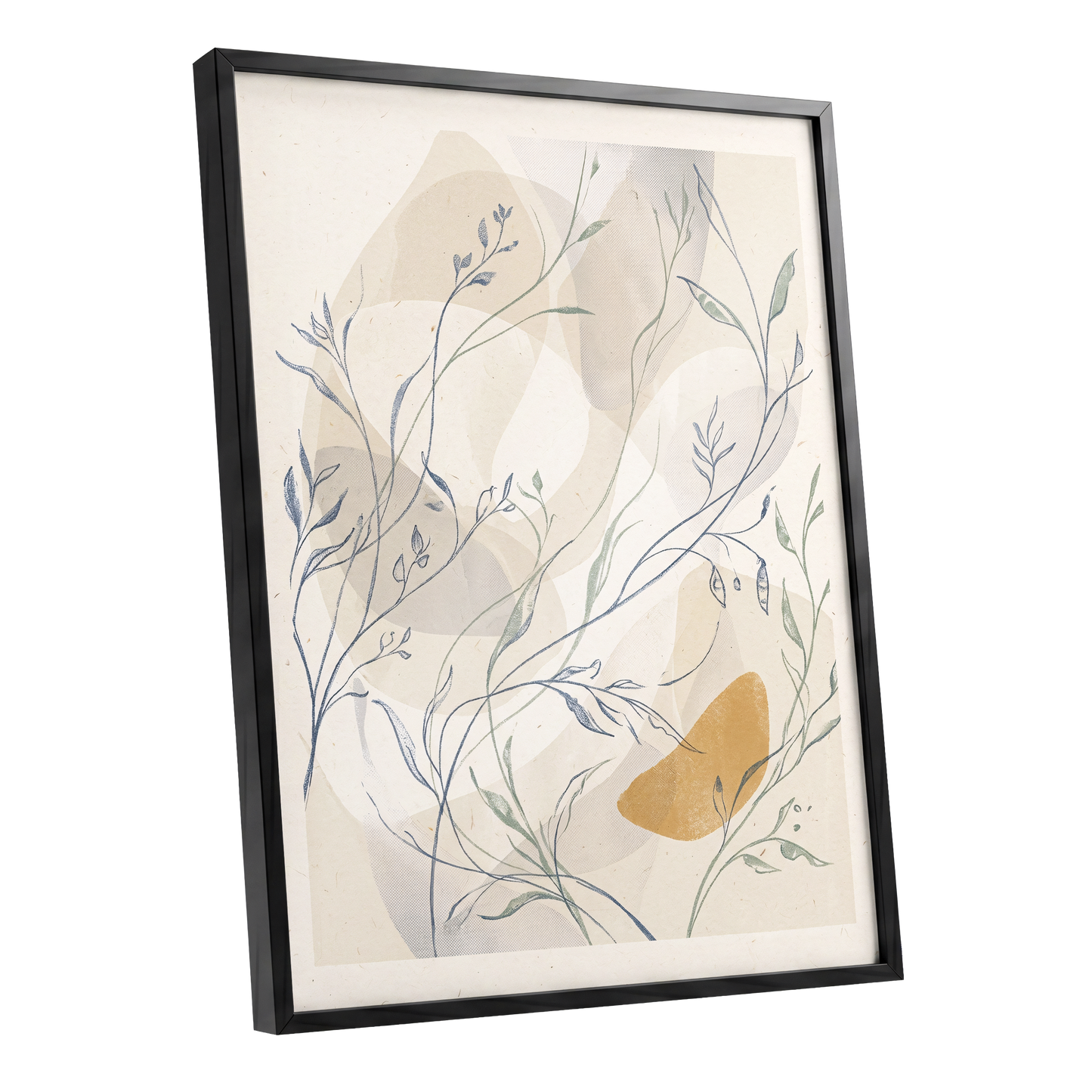 Meadow Veil, beige, blue, green nature wall art shown as a black framed poster wall art print