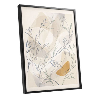 Meadow Veil, beige, blue, green nature wall art shown as a black framed poster wall art print