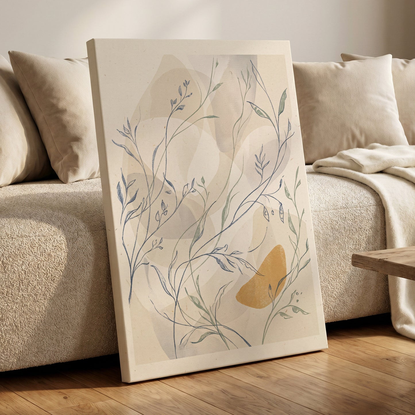Meadow Veil, beige, blue, green nature wall art on canvas displayed in a styled interior, gallery view 1