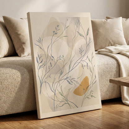 Meadow Veil, beige, blue, green nature wall art on canvas displayed in a styled interior, gallery view 1