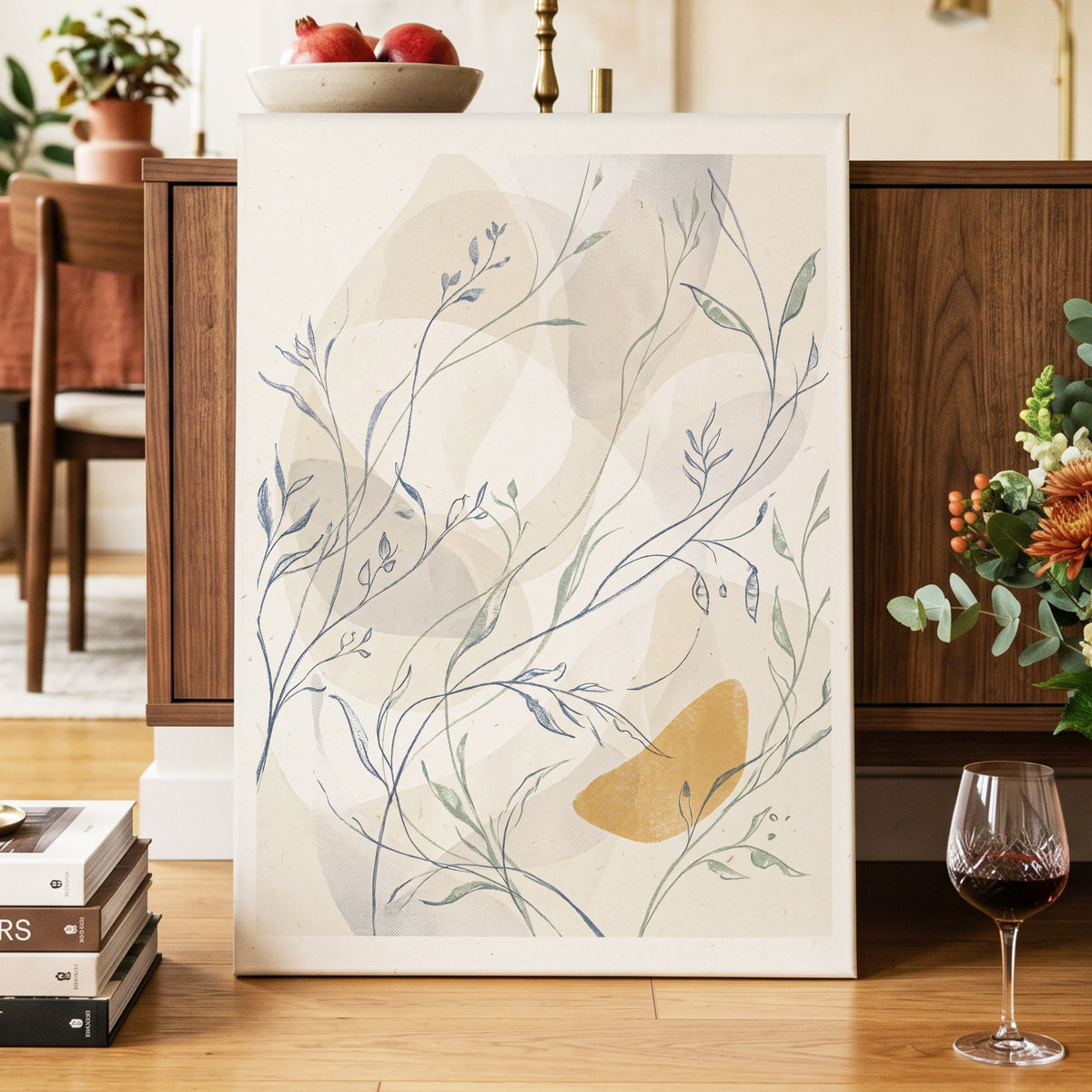 Meadow Veil, beige, blue, green nature wall art on canvas displayed in a styled interior, gallery view 2