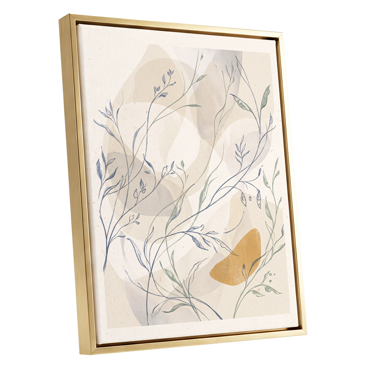 Meadow Veil, beige, blue, green nature wall art shown as a gold framed canvas wall art