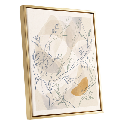 Meadow Veil, beige, blue, green nature wall art shown as a gold framed canvas wall art