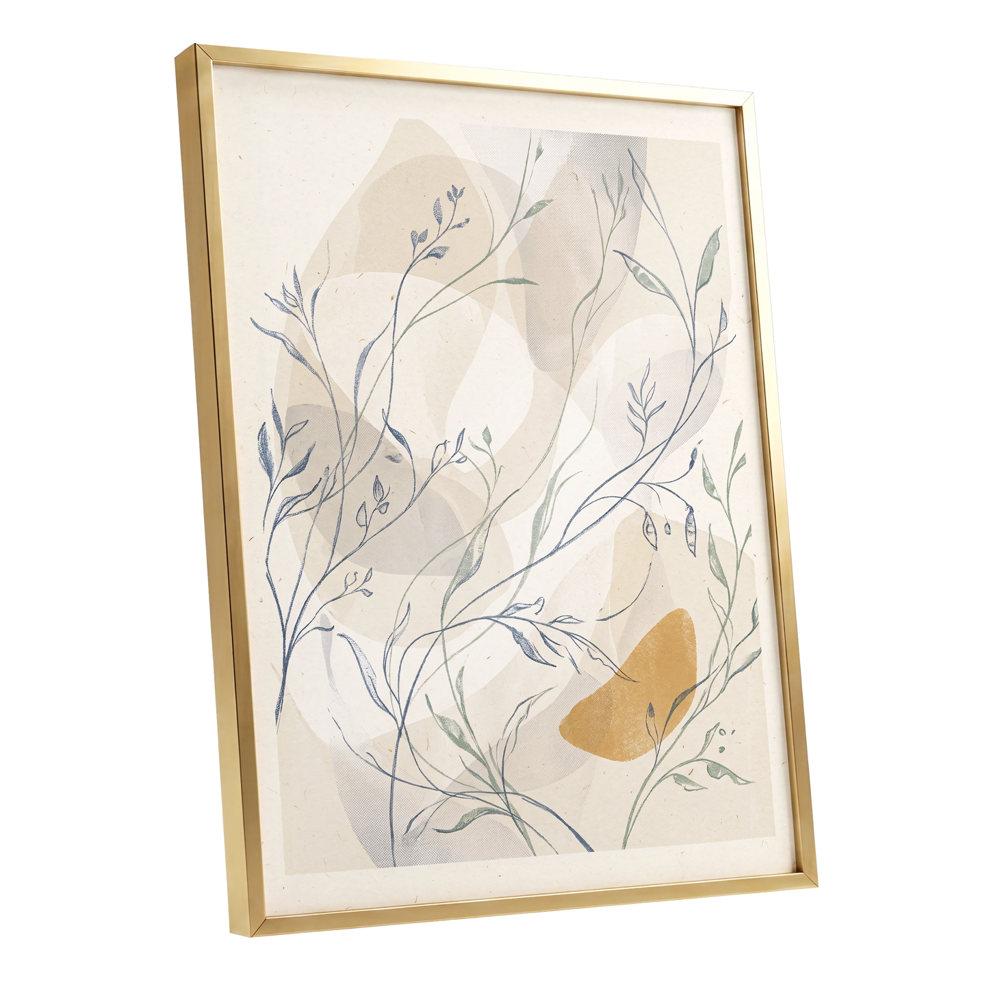 Meadow Veil, beige, blue, green nature wall art shown as a gold framed poster wall art print