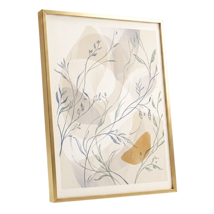 Meadow Veil, beige, blue, green nature wall art shown as a gold framed poster wall art print