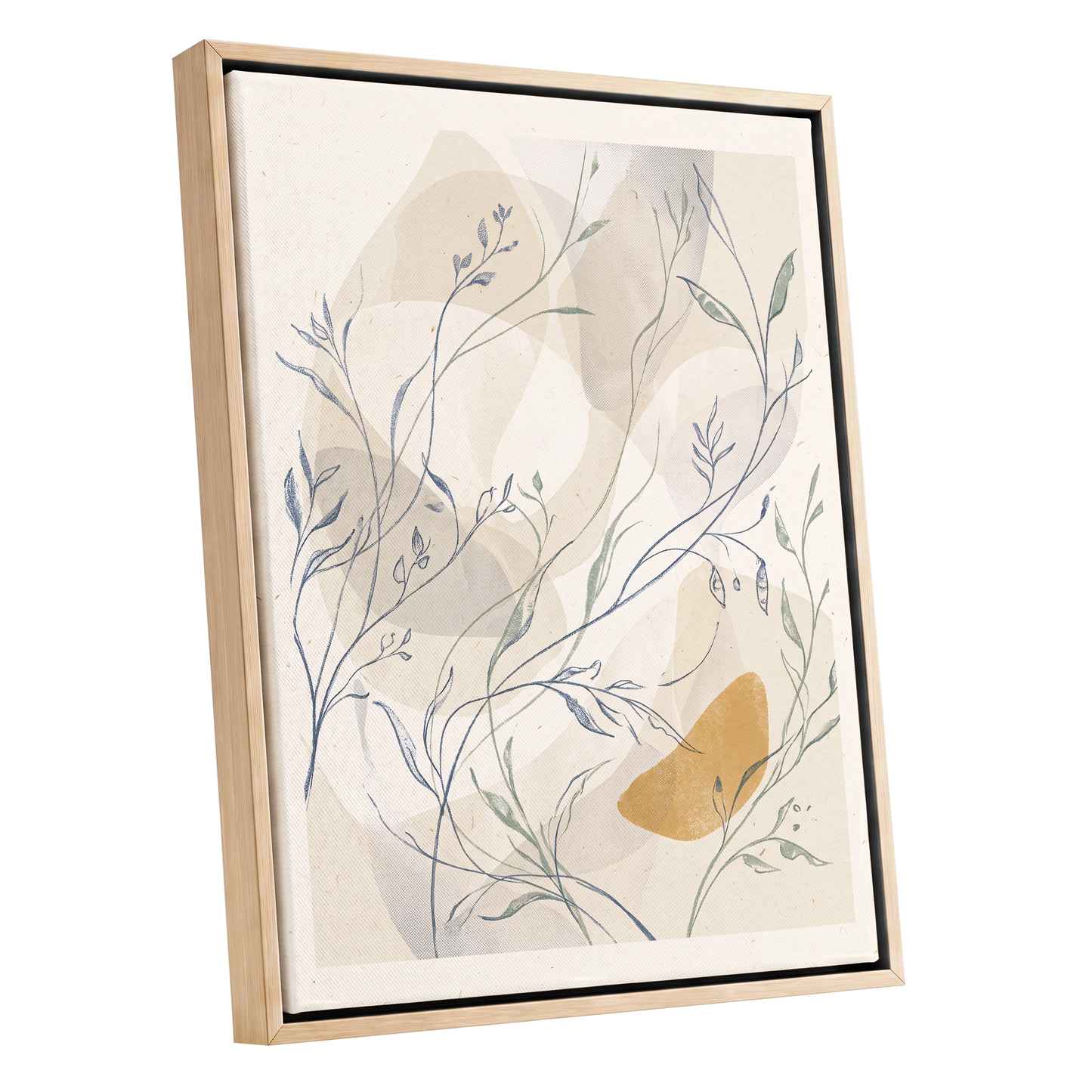 Meadow Veil, beige, blue, green nature wall art shown as a oak framed canvas wall art