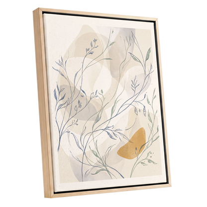 Meadow Veil, beige, blue, green nature wall art shown as a oak framed canvas wall art