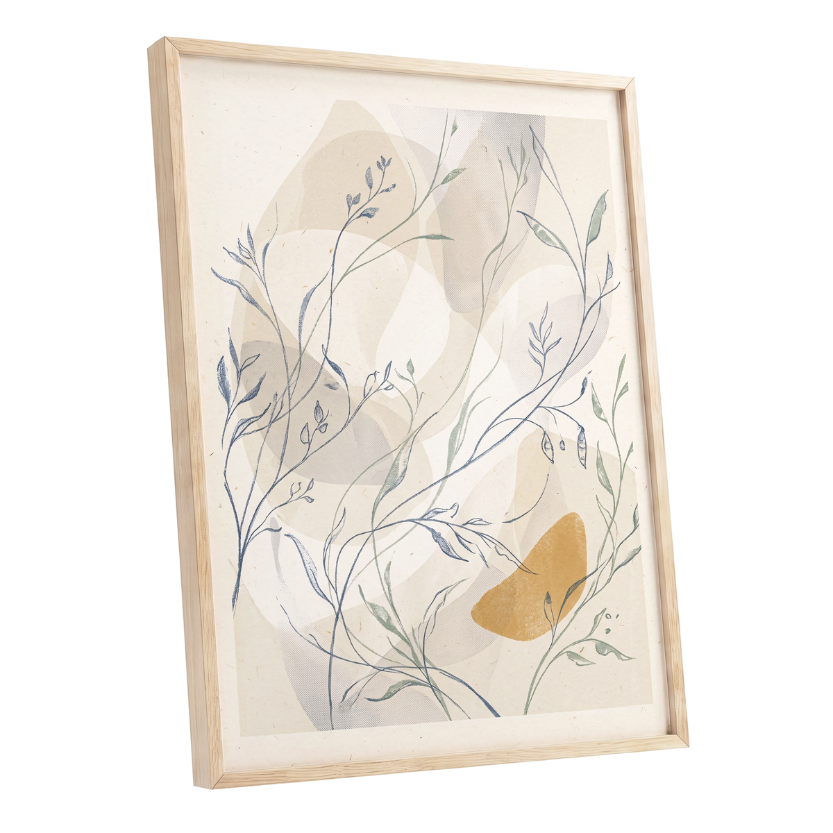 Meadow Veil, beige, blue, green nature wall art shown as a oak framed poster wall art print