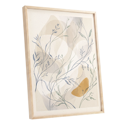 Meadow Veil, beige, blue, green nature wall art shown as a oak framed poster wall art print