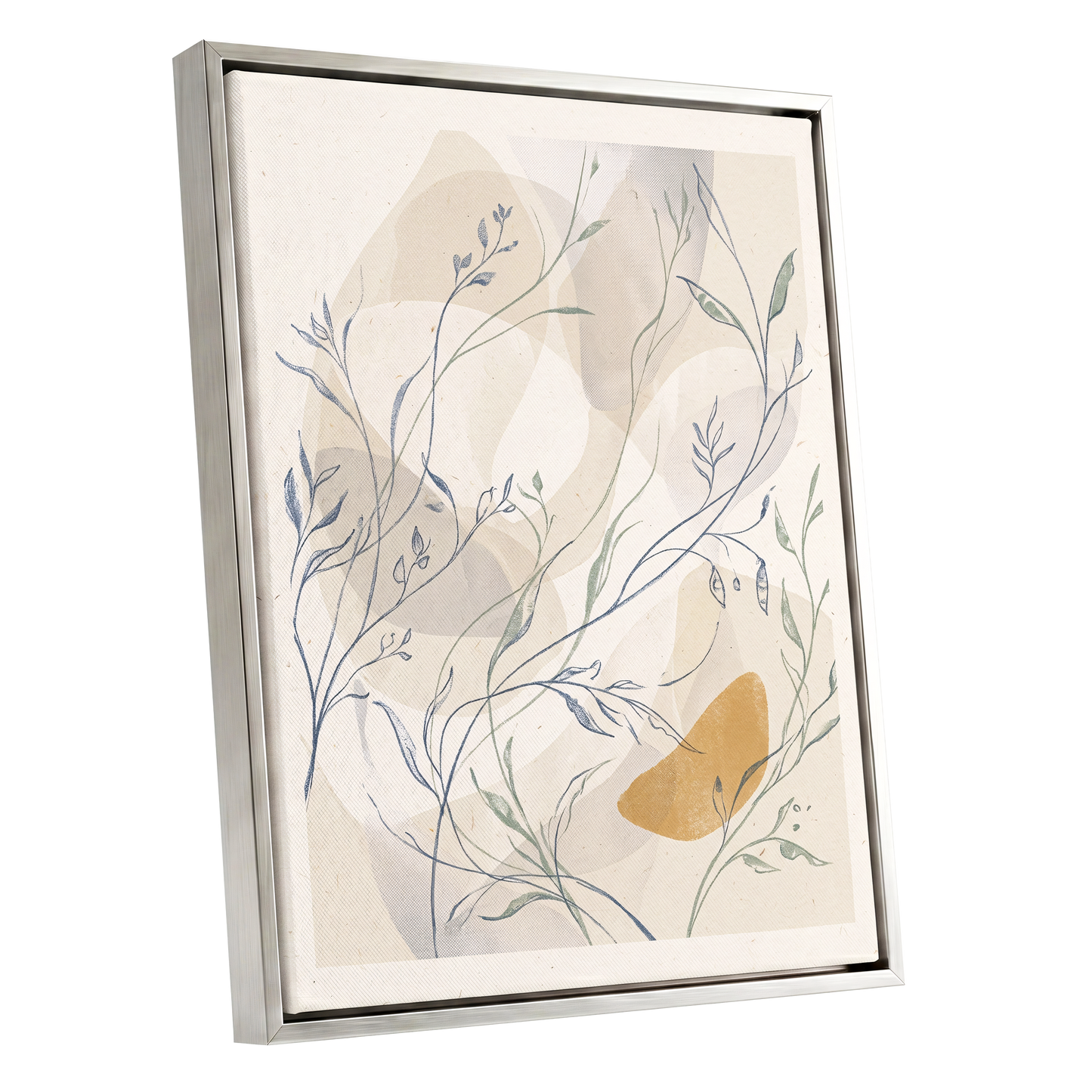 Meadow Veil, beige, blue, green nature wall art shown as a silver framed canvas wall art