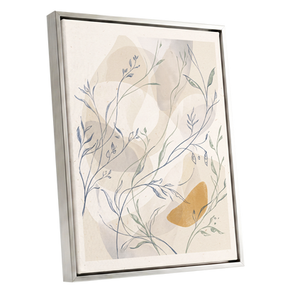 Meadow Veil, beige, blue, green nature wall art shown as a silver framed canvas wall art