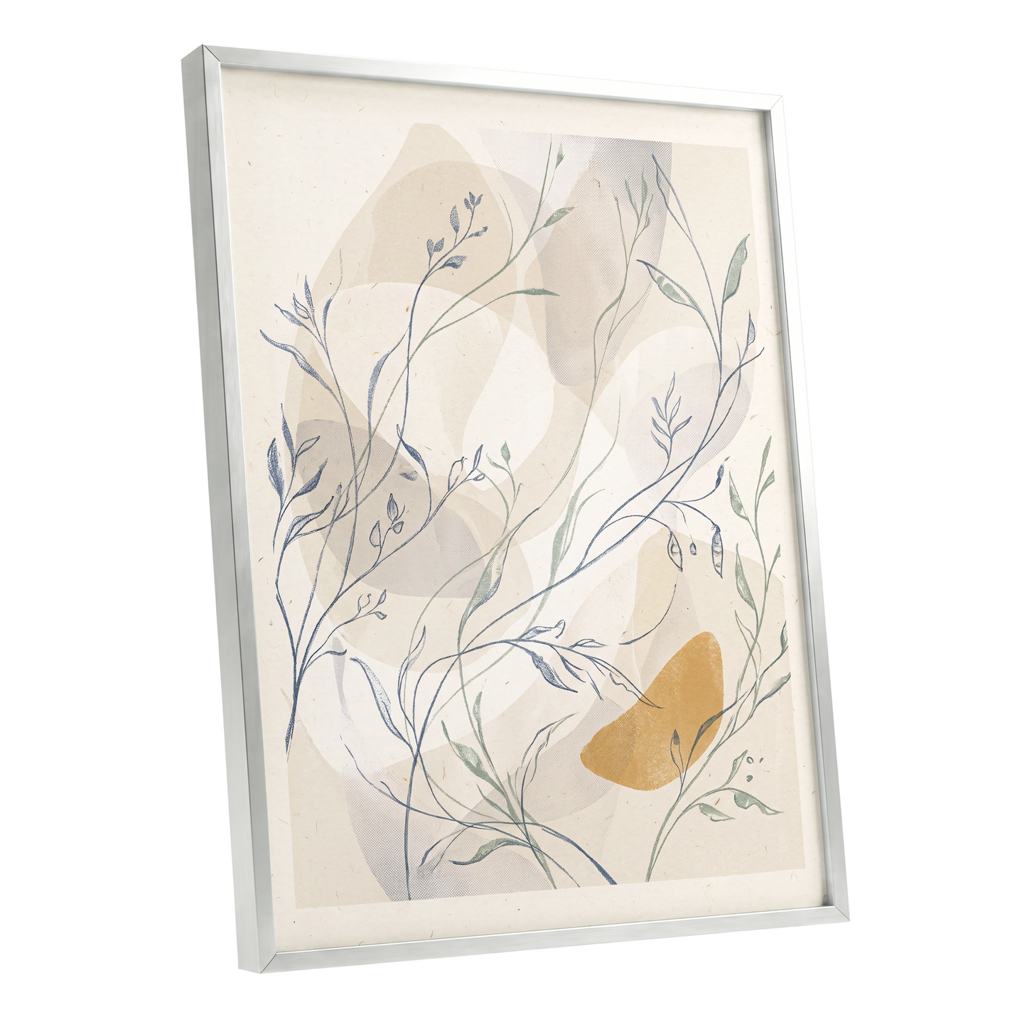 Meadow Veil, beige, blue, green nature wall art shown as a silver framed poster wall art print