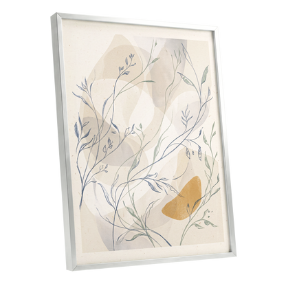 Meadow Veil, beige, blue, green nature wall art shown as a silver framed poster wall art print